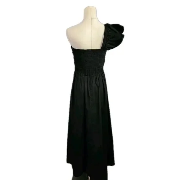 Eva Franco One-Shoulder Pleated Black Size 8 Cotton Midi Dress - Picture 5 of 8